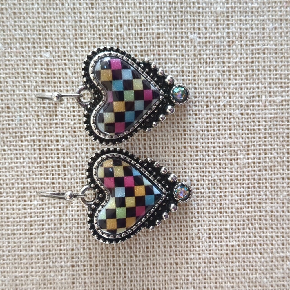Heart-Shaped Rainbow Checkerboard Earrings